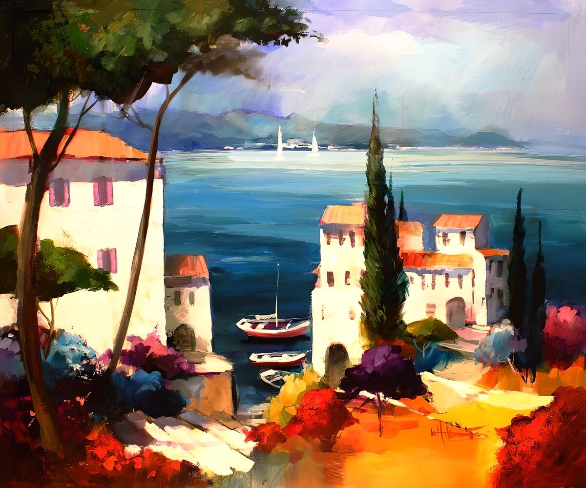 TPFR78207: Peinture d'un village typiquement espagnol en bord de mer