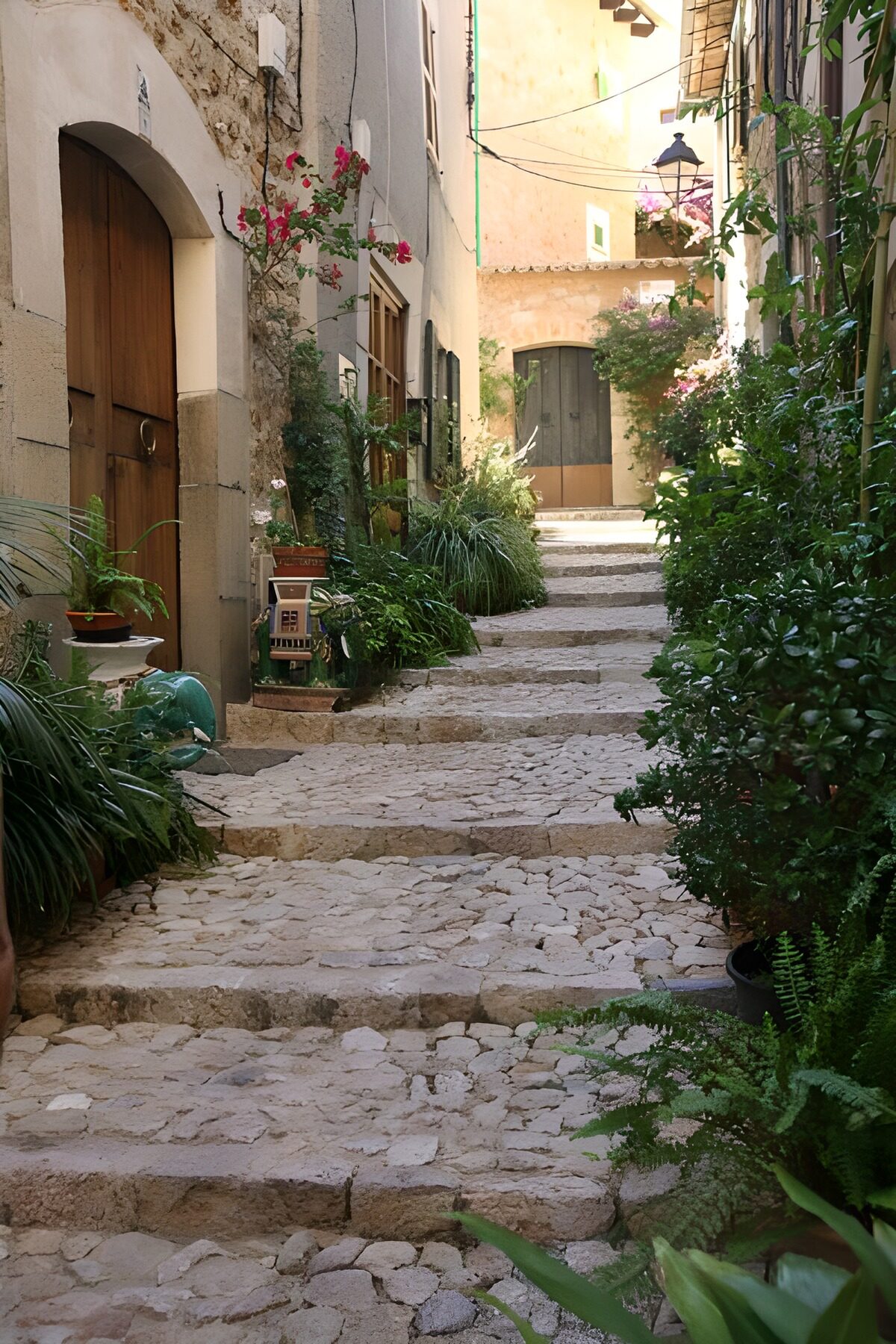 Ruelle pavée dans un village aux maisons de pierre et porche en arrière-plan 3