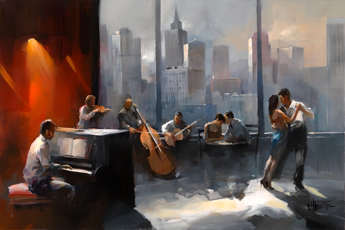 Peinture d'un couple dansant le tango avec orchestre version 1