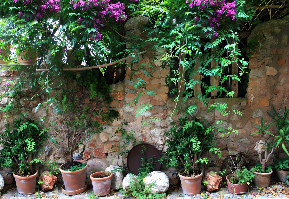 TPFR61334: Jardin paisible avec murs en pierre