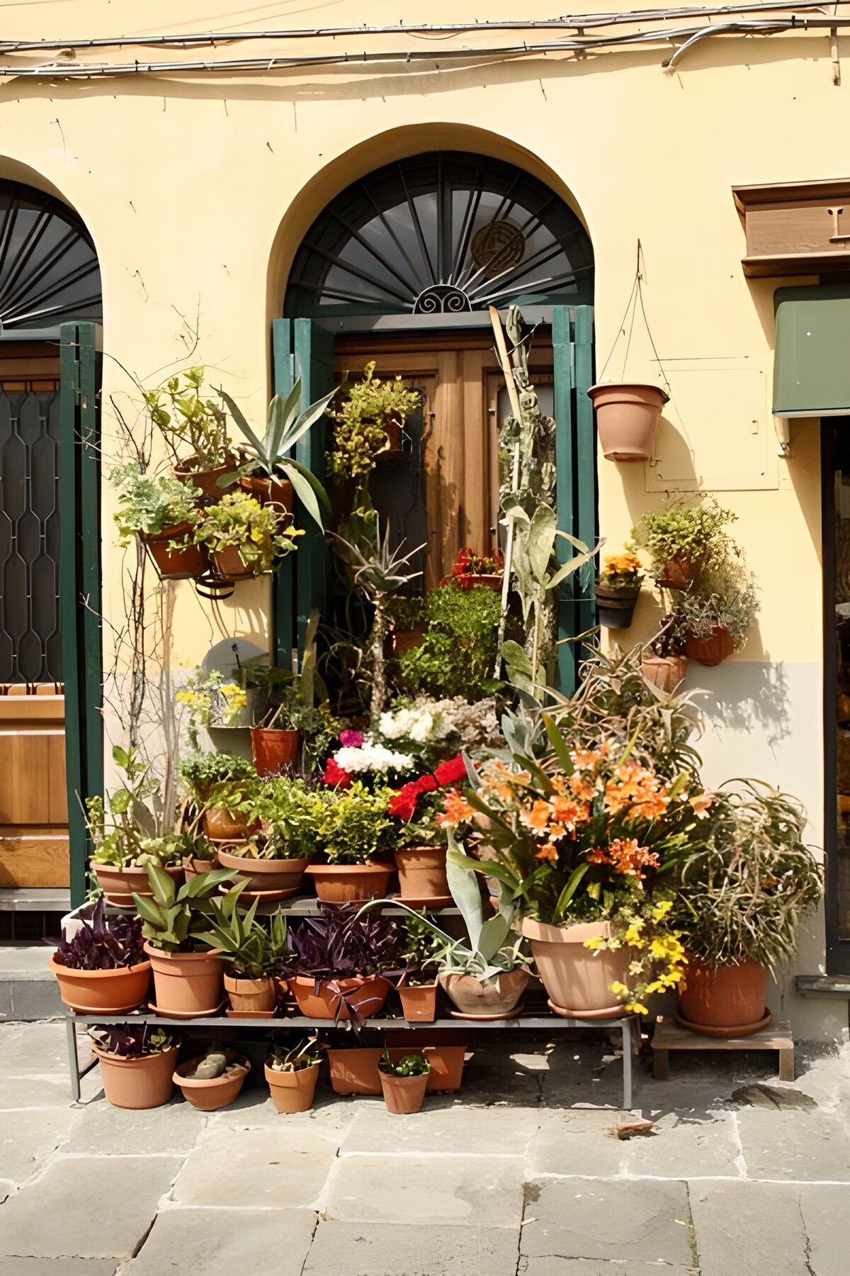 TPFR57876: Ensemble de plantes et de fleurs devant une porte ancienne