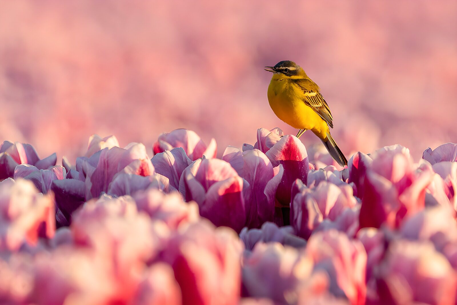TPFR19524: Oiseau jaune parmi les tulipes