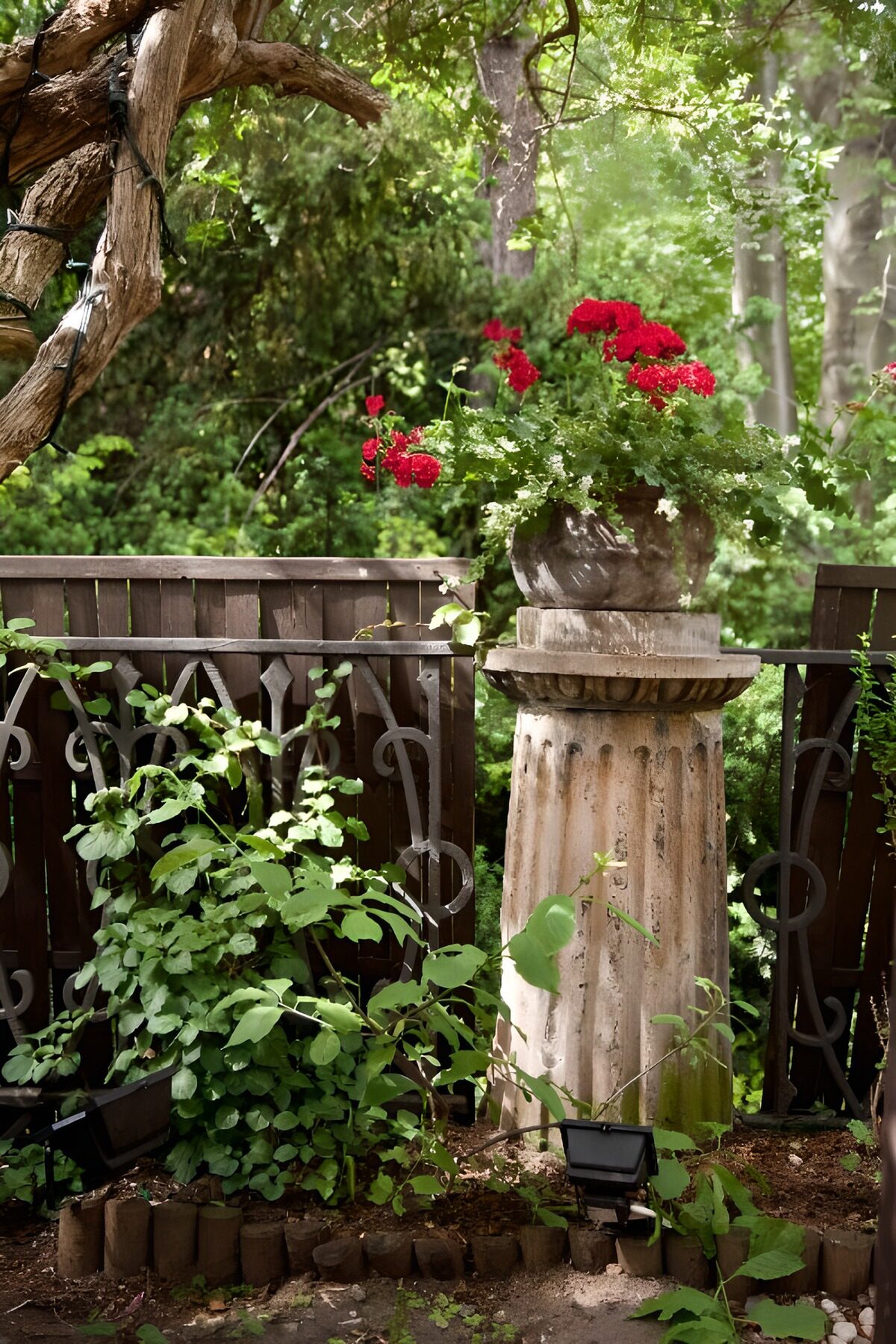 TPFR11469: Jardin fleuri avec colonne antique