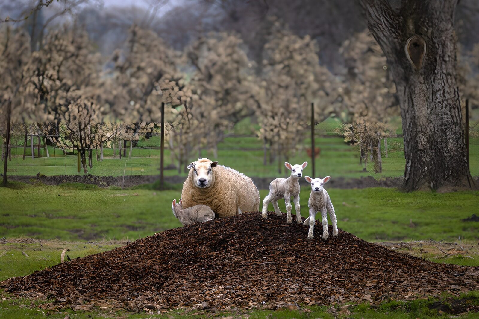 TPFR66969: Moutons et lapins sur un tas de bois