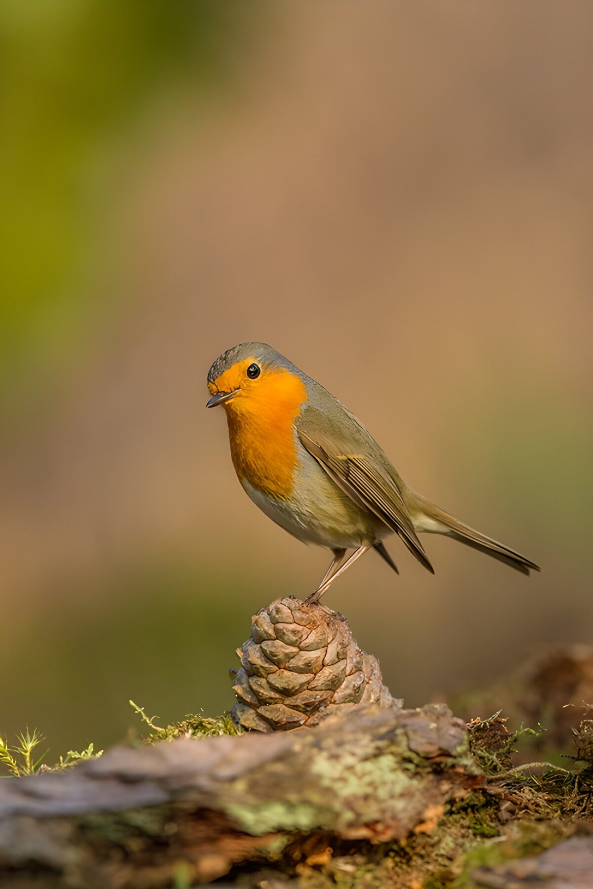 Rouge-gorge sur un cône de pin