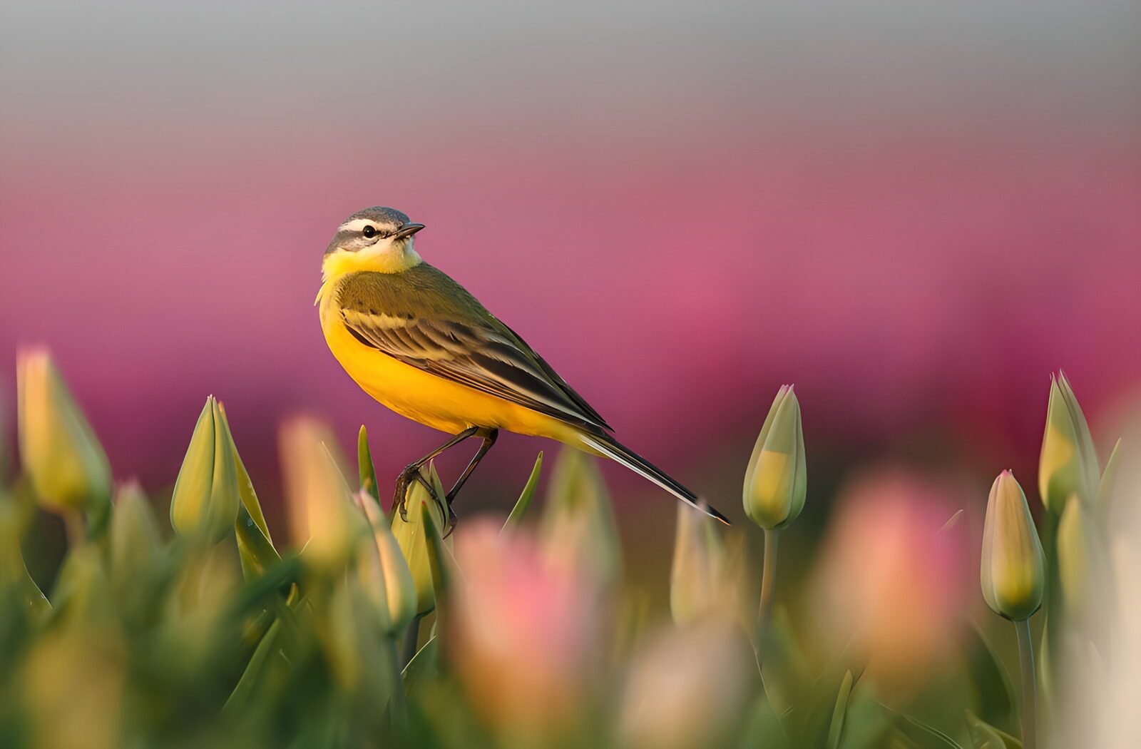 TPFR49162: Oiseau au milieu des tulipes colorées
