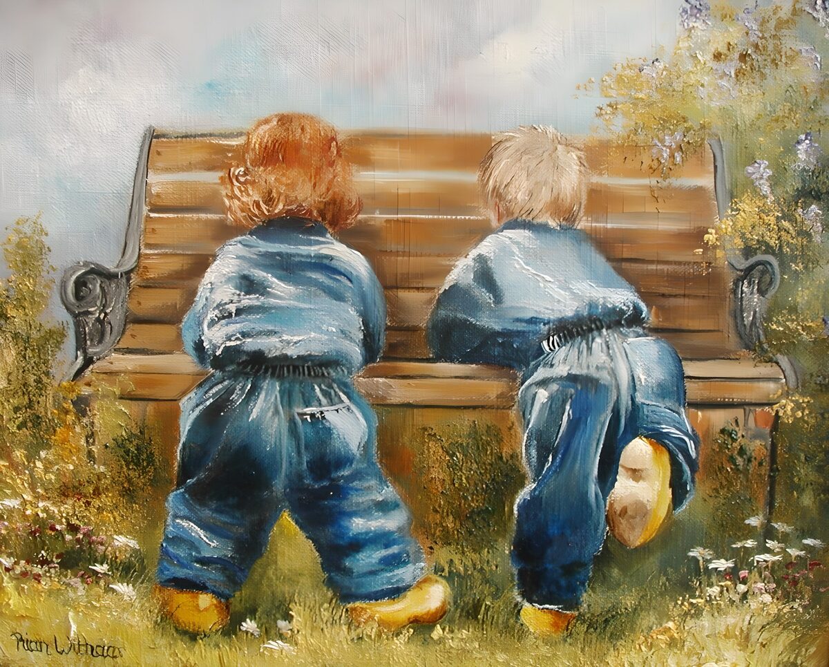 TPFR59650: Deux enfants insouciants sur un banc