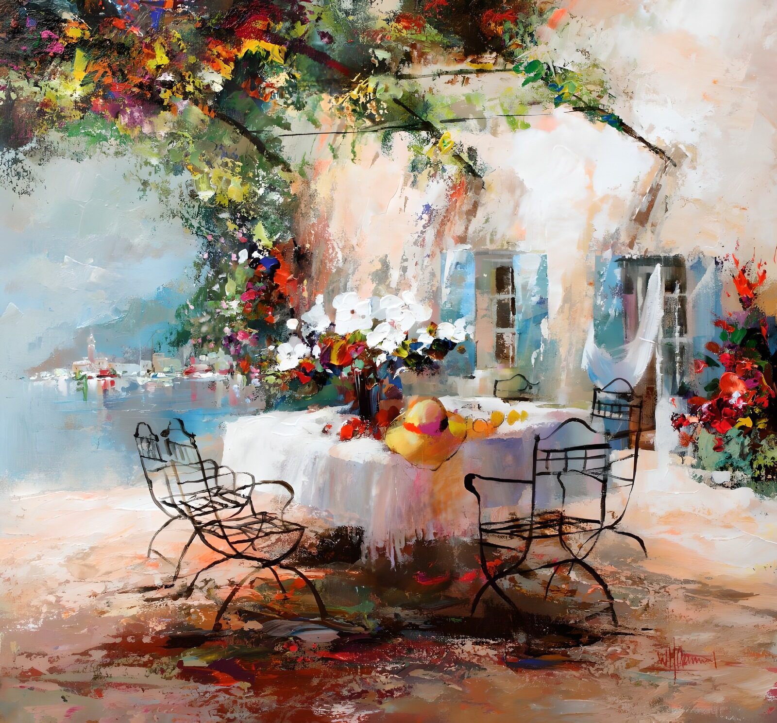 TPFR29612: Table en plein air entourée de fleurs