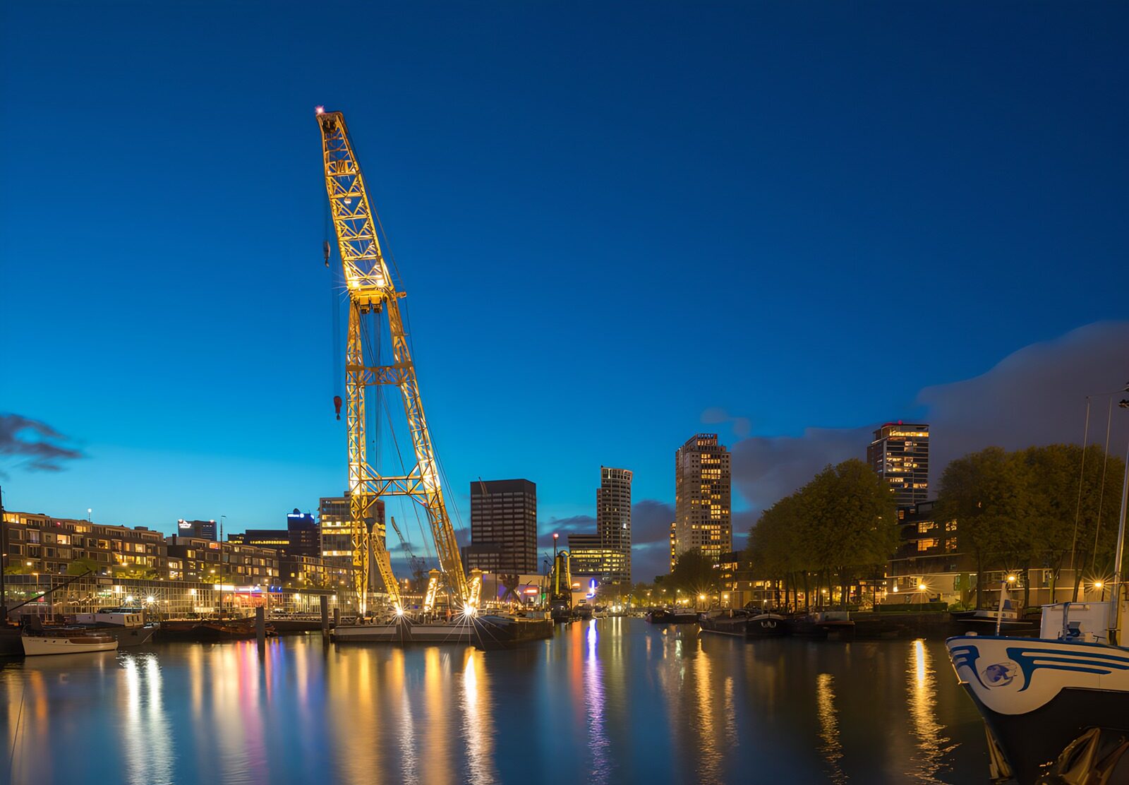 TPFR49927: Grue illuminée au bord de l'eau