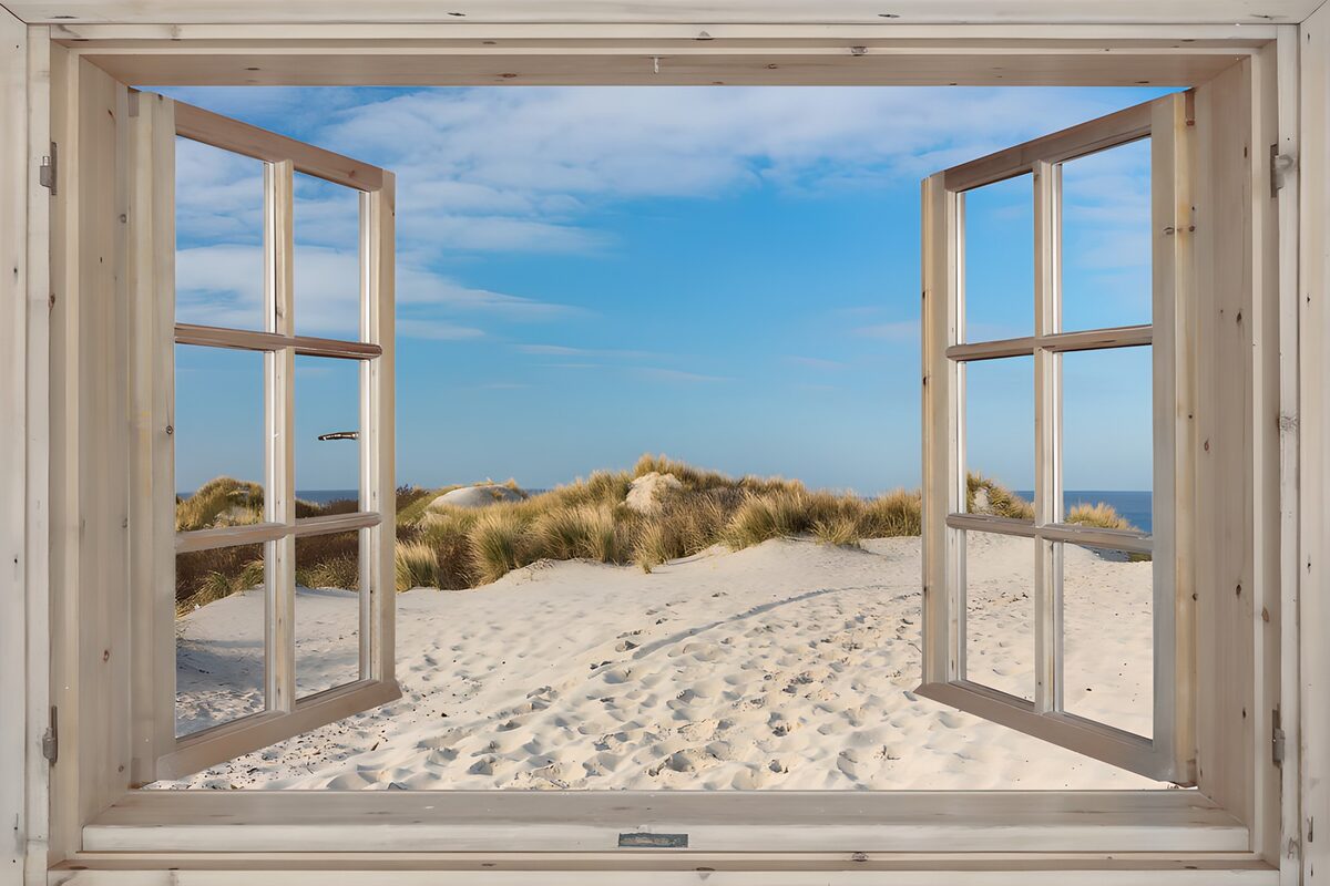 Vue sur la plage depuis la fenêtre