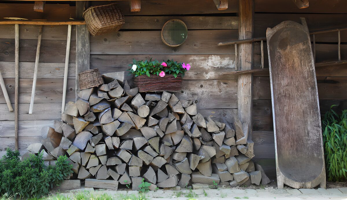 TPFR59521: Tas de bois et jardin fleuri